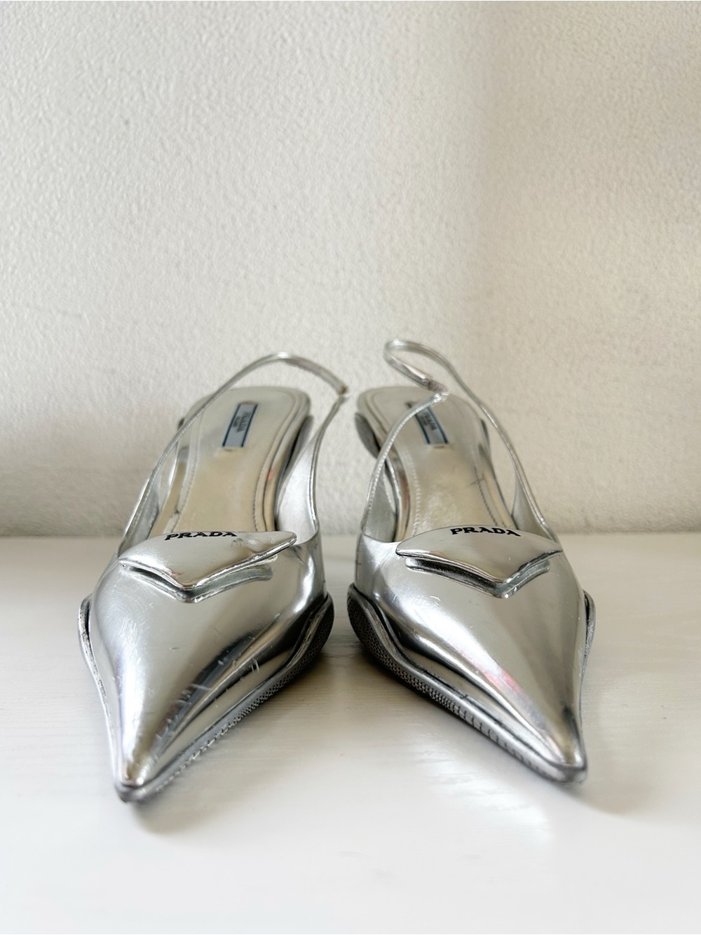 Prada Silver Metallic Slingback Heels Triangle Logo Size EU 41 - Picture 5 of 15